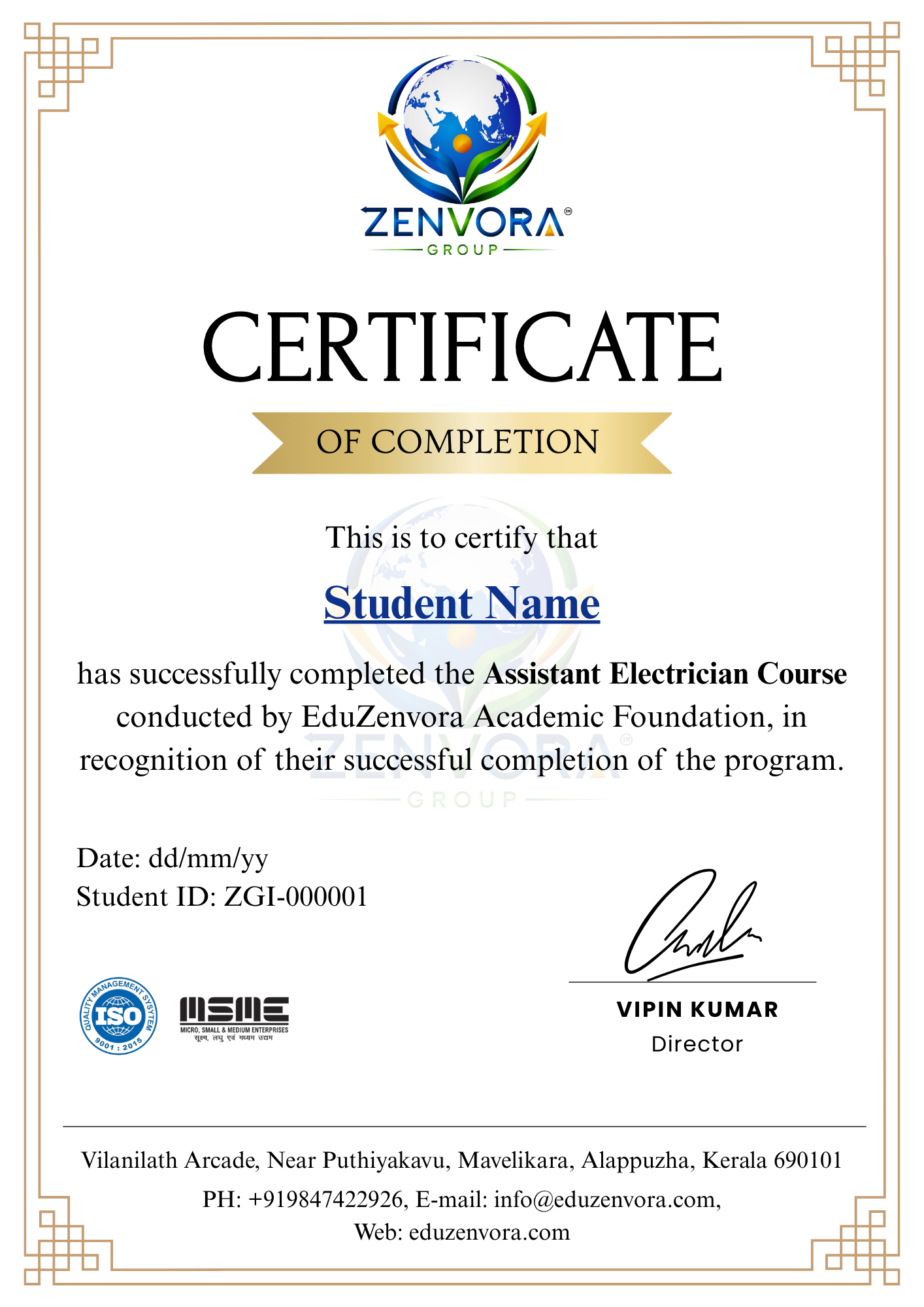 Assistant Electrician Course Certificate
